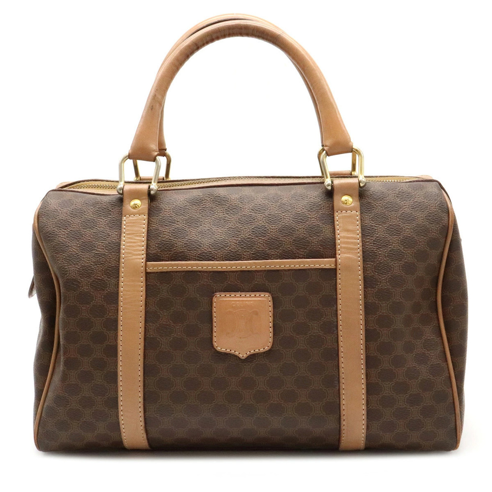Celine Macadam Handbag Boston Bag Leather Dark Brown Beige Cream